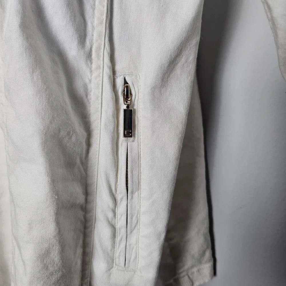 Chico's Linen Roll‎ Sleeve Stretch Blazer 2.5 (14) Ivory Open Front Zip Pocket